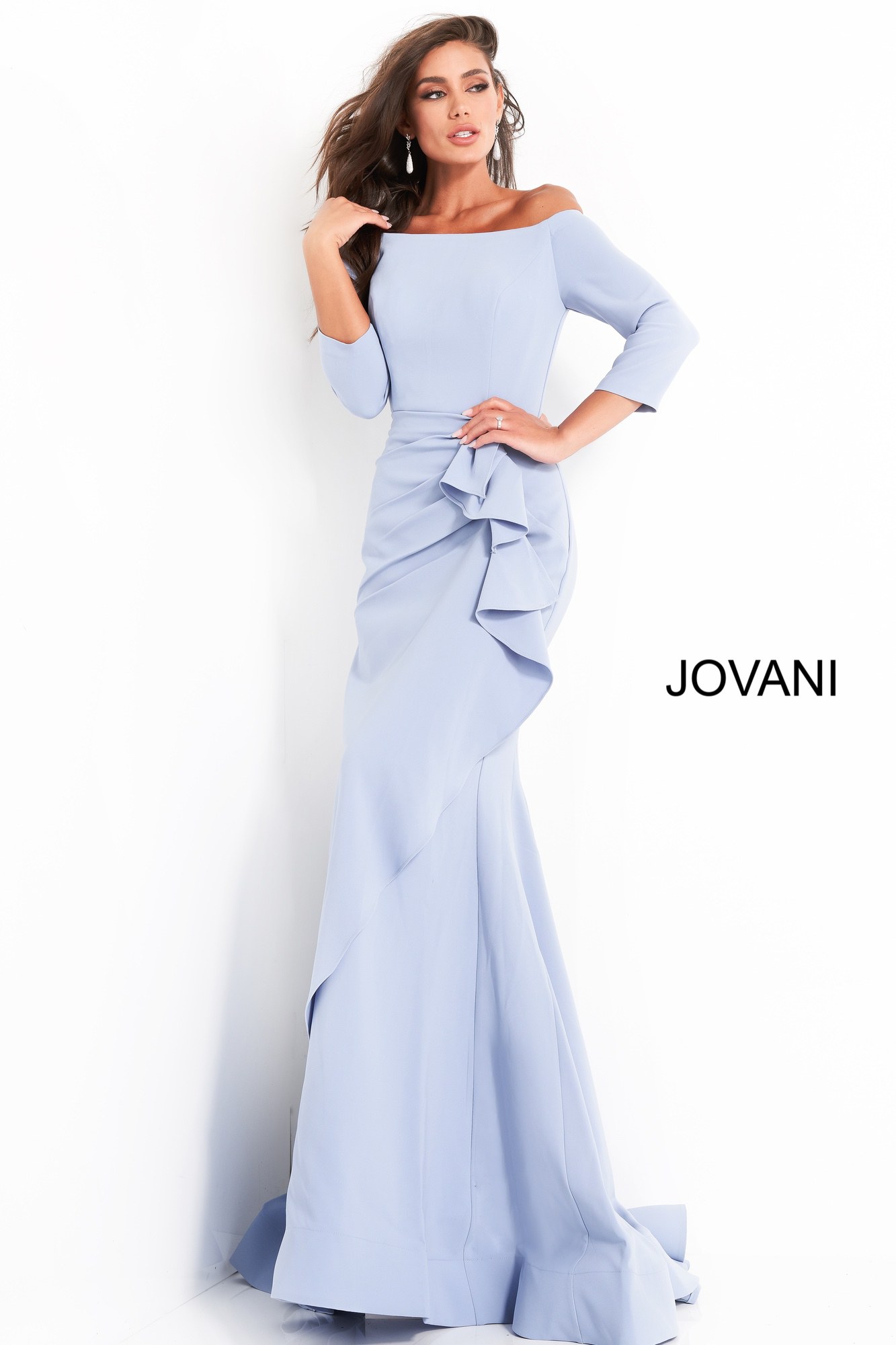 Model wearing Jovani 00446 light blue dress with mermaid silhouette and ruffle details.