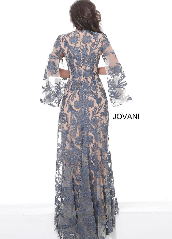 back view of model wearing Jovani 00752 navy A-line gown with floral embroidery