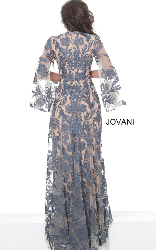 Back view of Jovani 00752 navy gown with lace overlay and elegant flow.