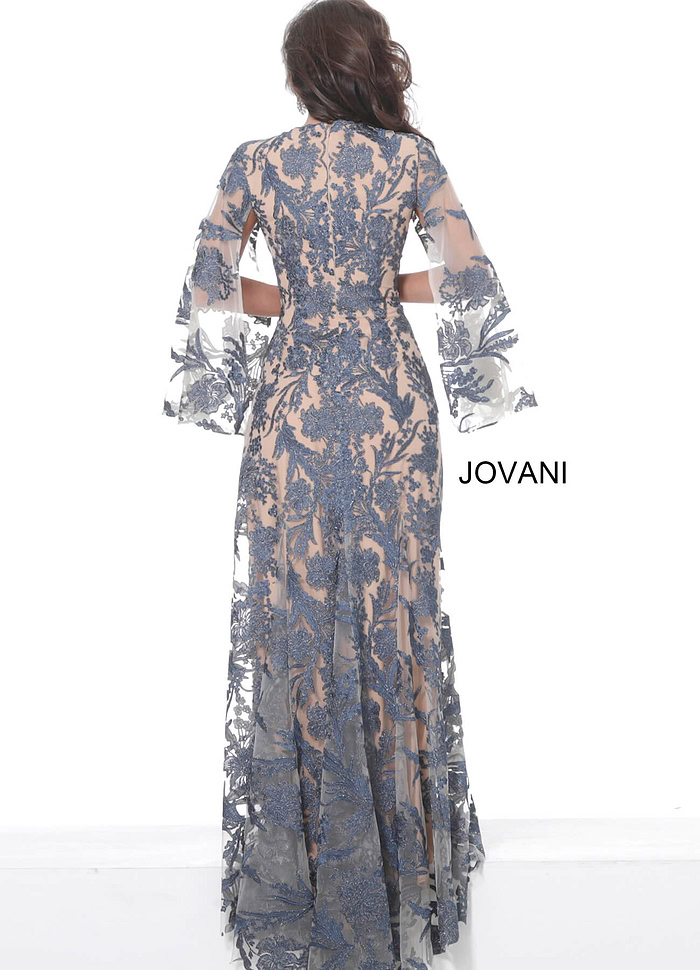 Back view of Jovani 00752 navy gown with lace overlay and elegant flow.