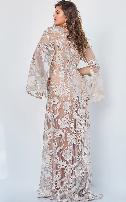 back view of model wearing Jovani 00752 beige A-line gown with floral embroidery