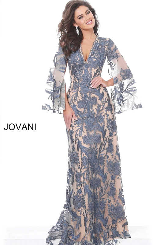 Model wearing Jovani 00752 elegant navy gown with lace detailing and bell sleeves.