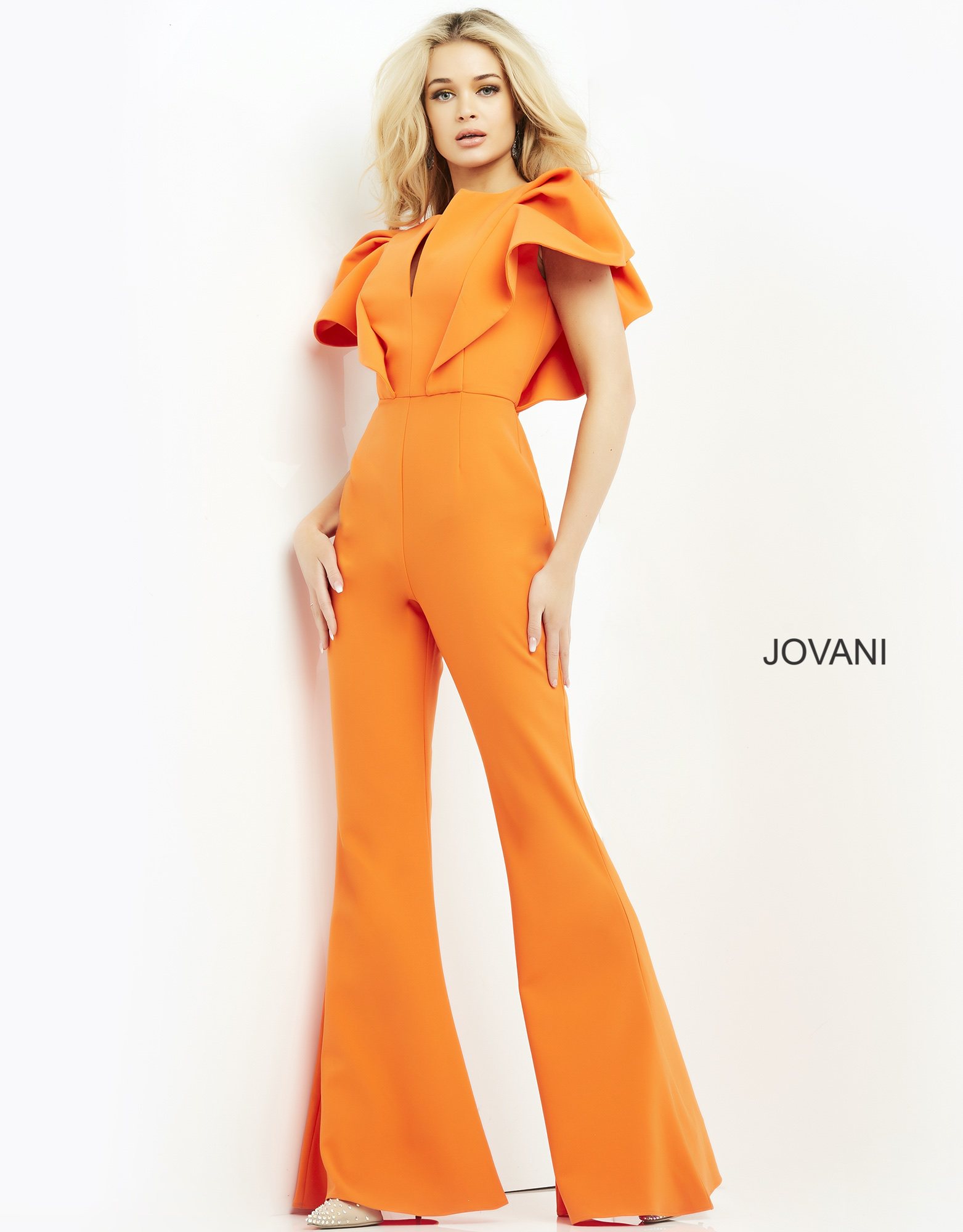 Model wearing Jovani 00762 Orange Short Sleeve Contemporary Jumpsuit