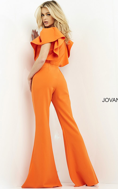 Model wearing Jovani 00762 Orange Short Sleeve Contemporary Jumpsuit
