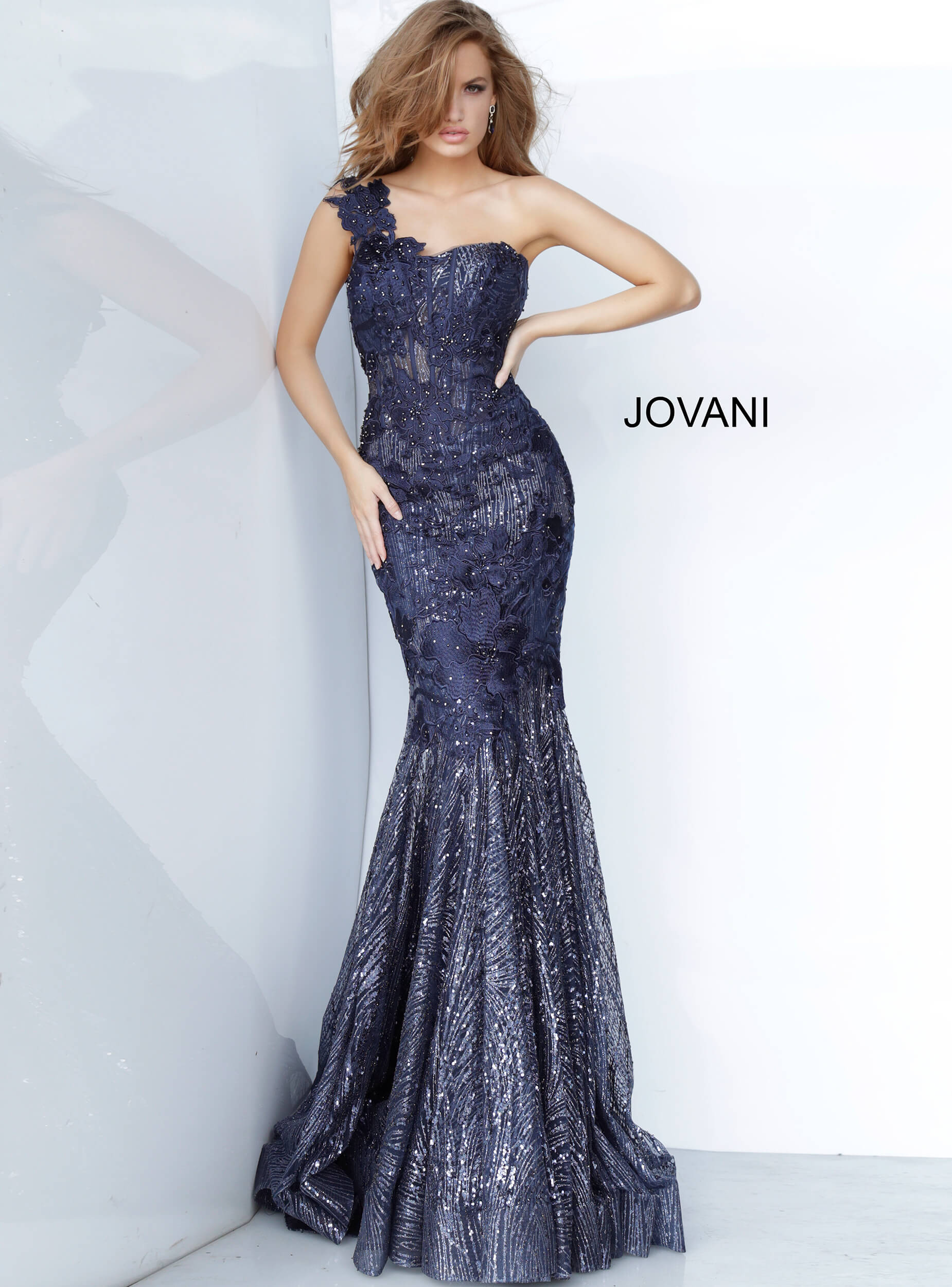 Close-up view of Jovani 02445 navy gown