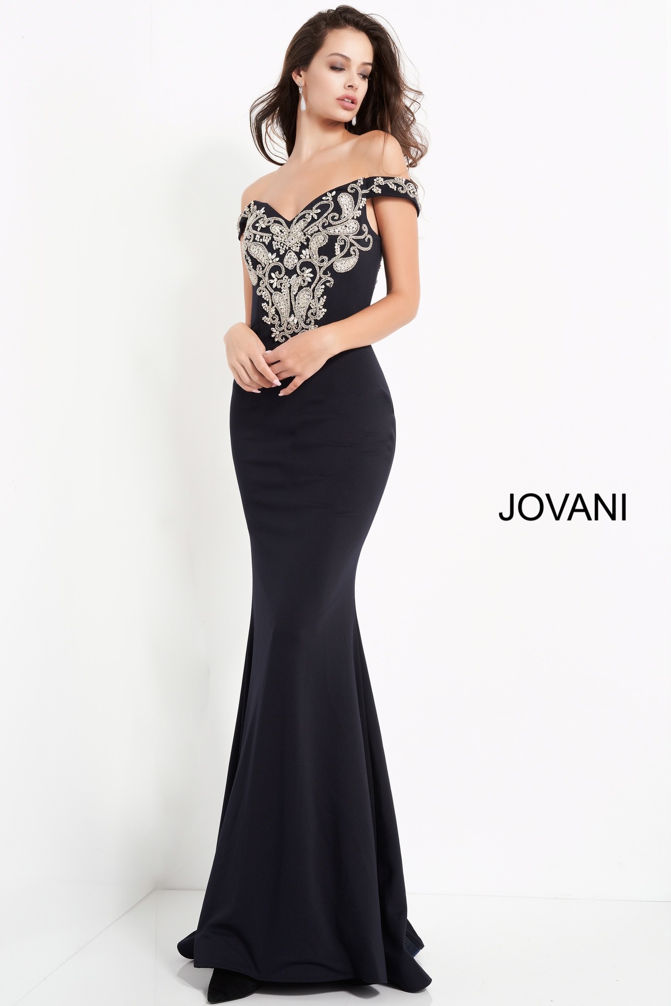 Front view of Jovani 02576 navy gown, highlighting intricate embroidered details.