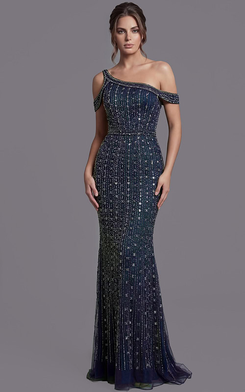 navy off the shoulder beaded dress 03124