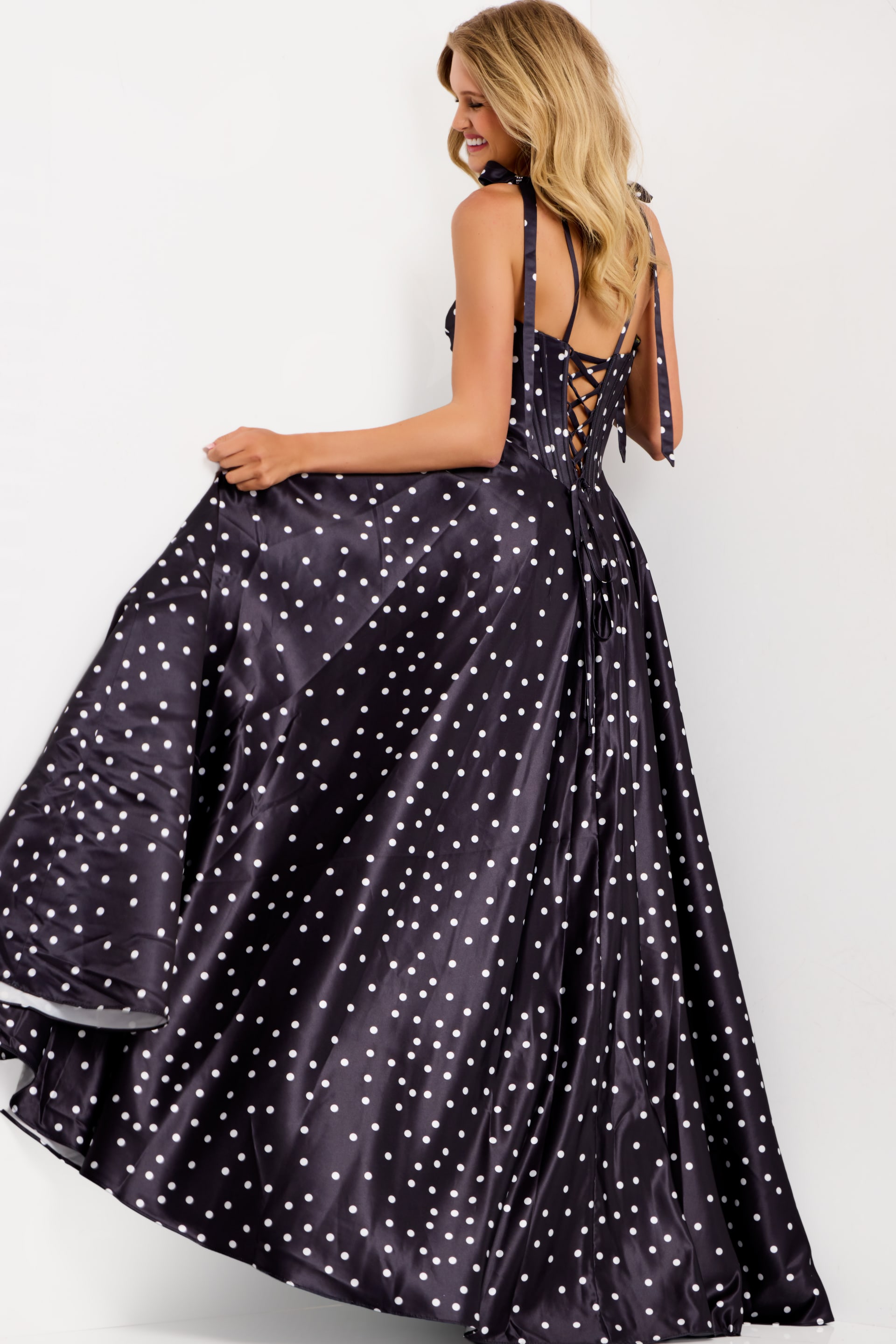 Black satin gown with white polka dots 49774