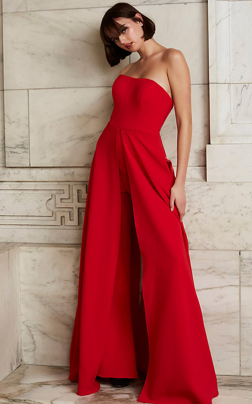 Model wearing Jovani 03529 elegant red strapless dress with A-line silhouette.