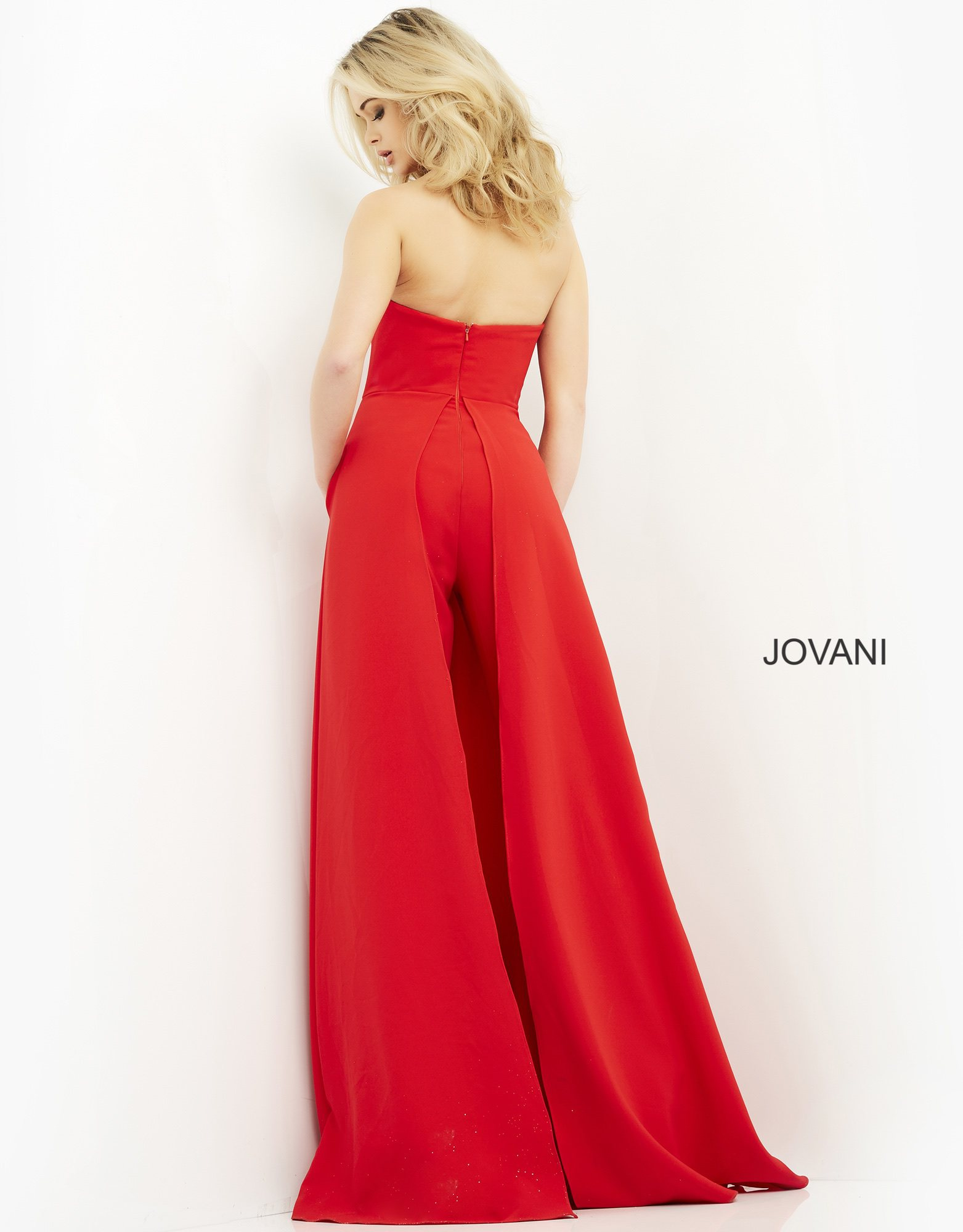 Back view of Jovani 03529 red strapless dress revealing elegant A-line flow.