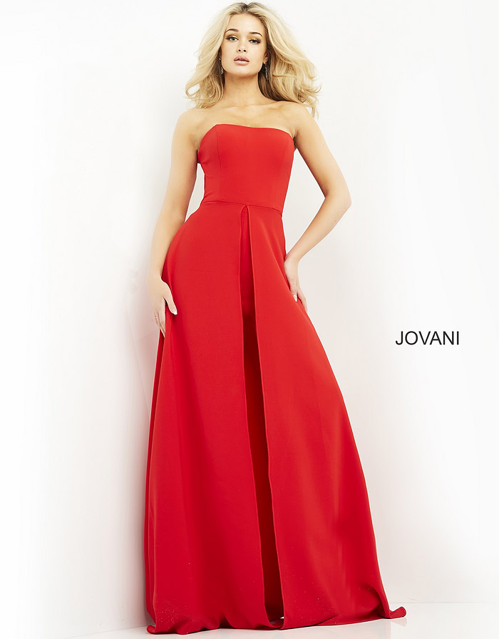 Front view of Jovani 03529, displaying red strapless dress with prominent A-line styling.