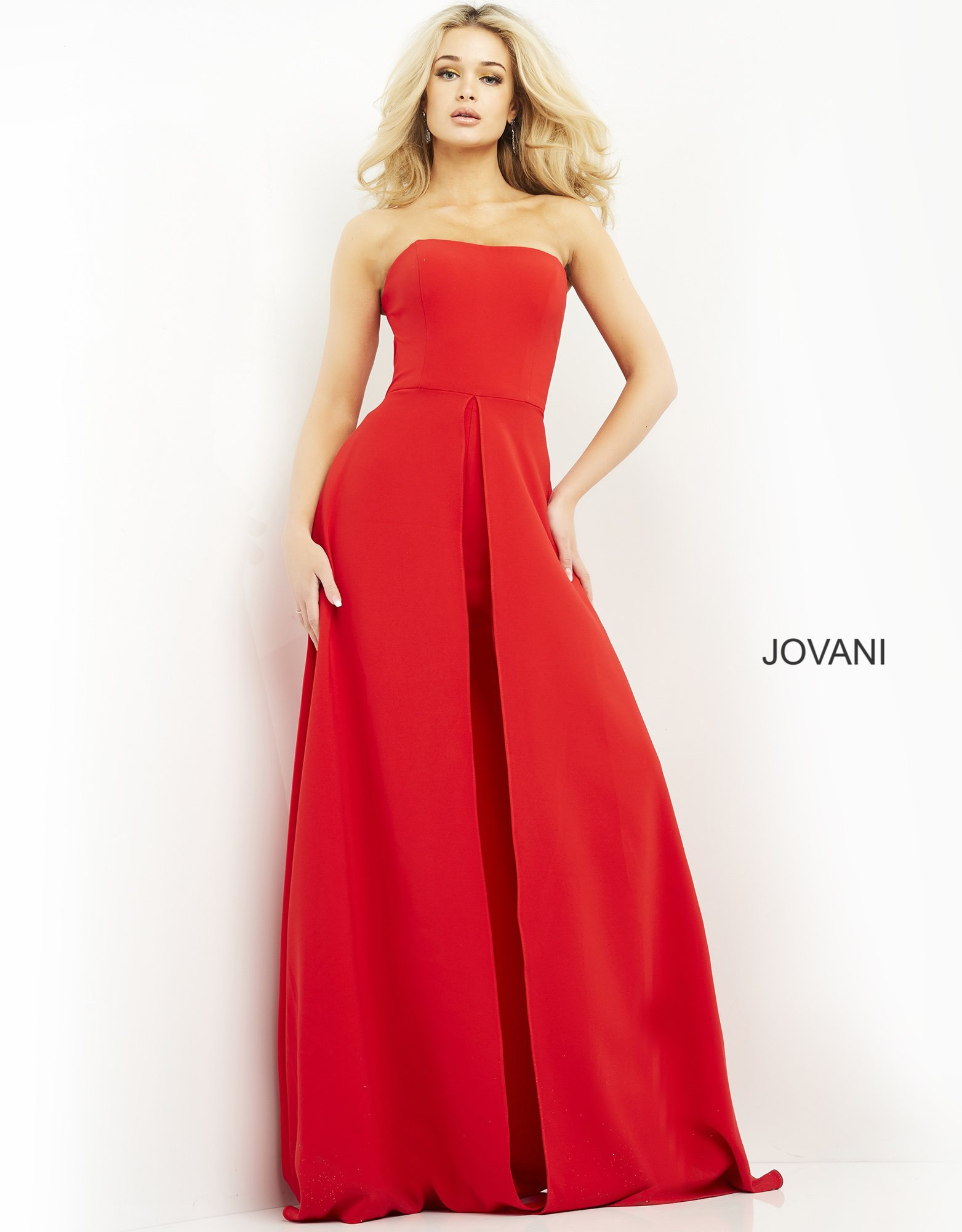 Front view of Jovani 03529, displaying red strapless dress with prominent A-line styling.