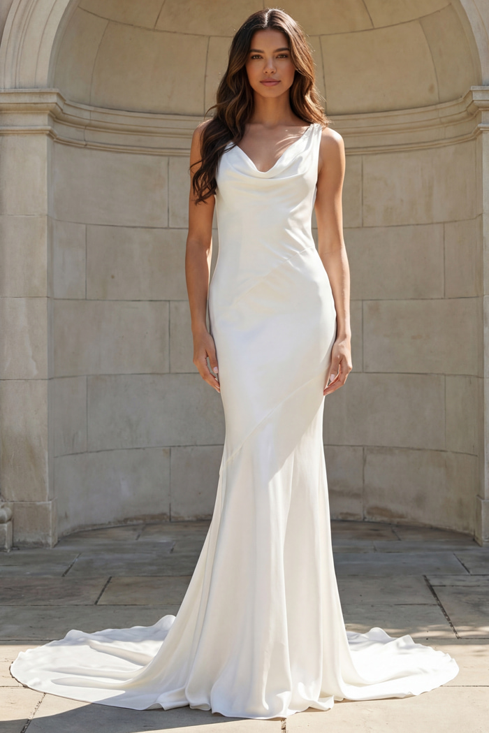 Model wearing a sleek satin gown with a draped cowl neckline and soft train.