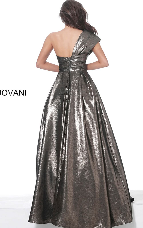 Model wearing Jovani 04170 brown metallic A-line gown back view