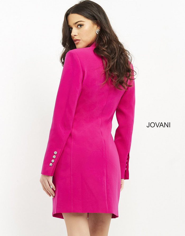 model wearing Jovani 04172 fuchsia blazer dress back view