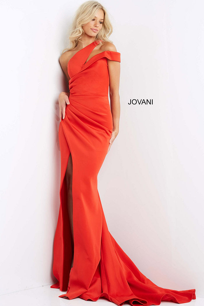 Front view of model in Jovani 04222, stylish orange gown with high slit and off-the-shoulder design.