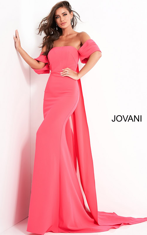 Model wearing Jovani 04350 red gown with floor-length design and strapless neckline.