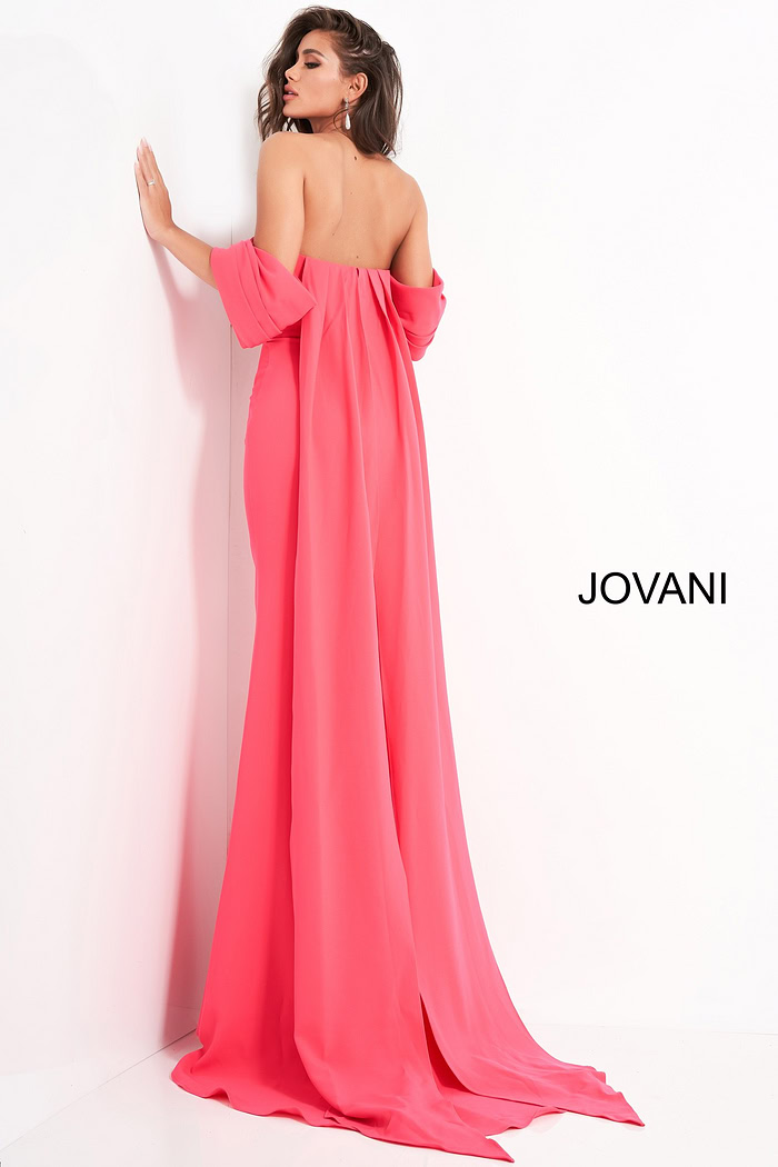 Back view of model wearing Jovani 04350 red gown featuring off-the-shoulder sleeves.
