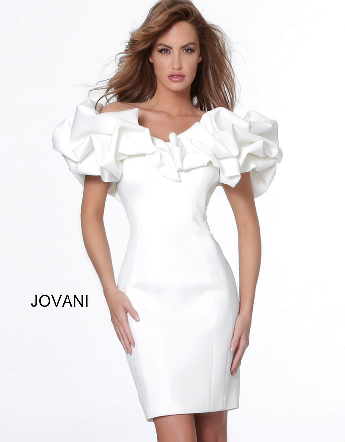 Model wearing Jovani 04367 white dress with dramatic ruffles, front view.