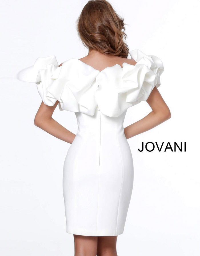 Model wearing Jovani 04367 white dress with ruffled neckline, back view.
