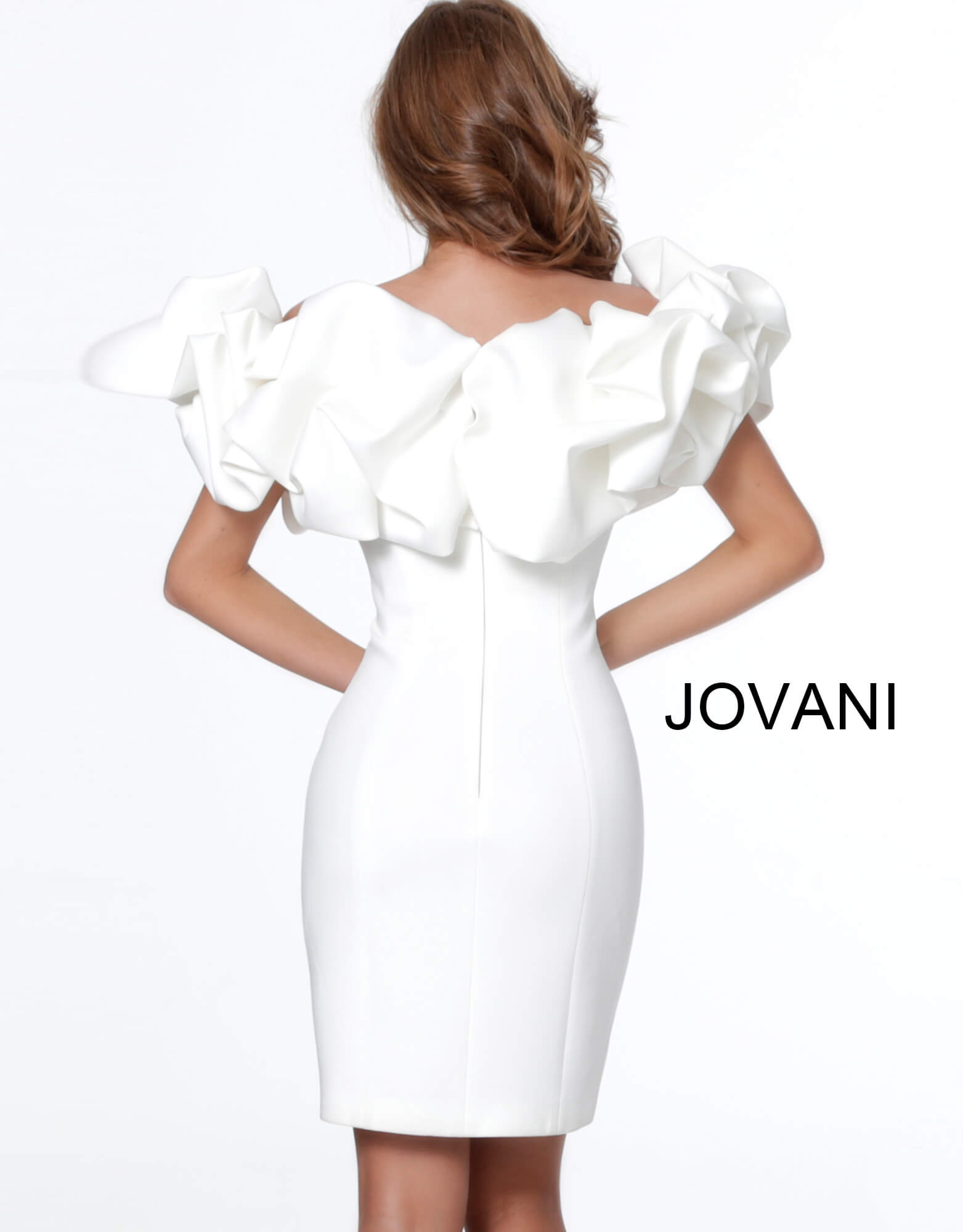 Model wearing Jovani 04367 white dress with ruffled neckline, back view.