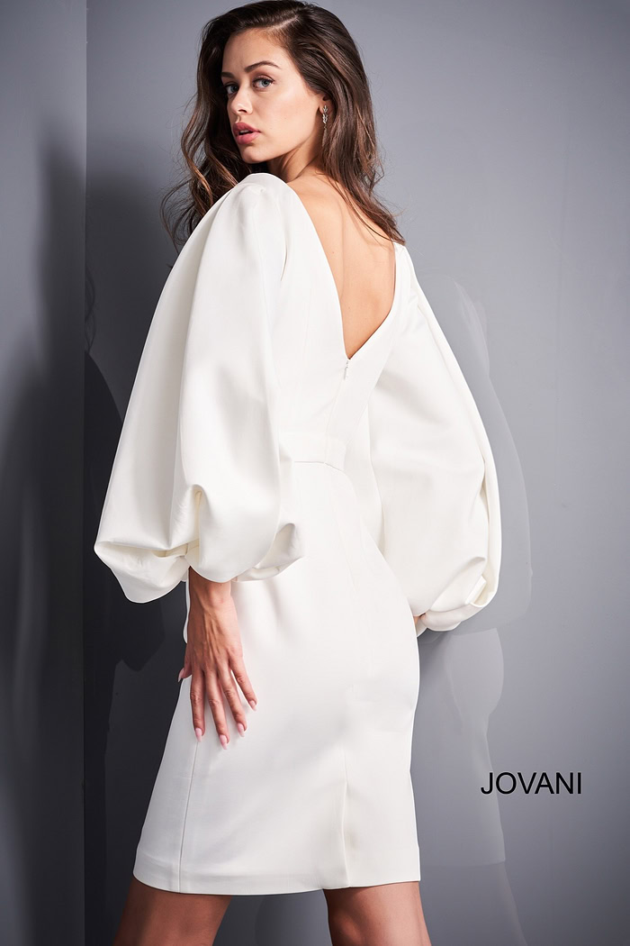 Back view of Jovani 04370 white dress highlighting the sleeve design.