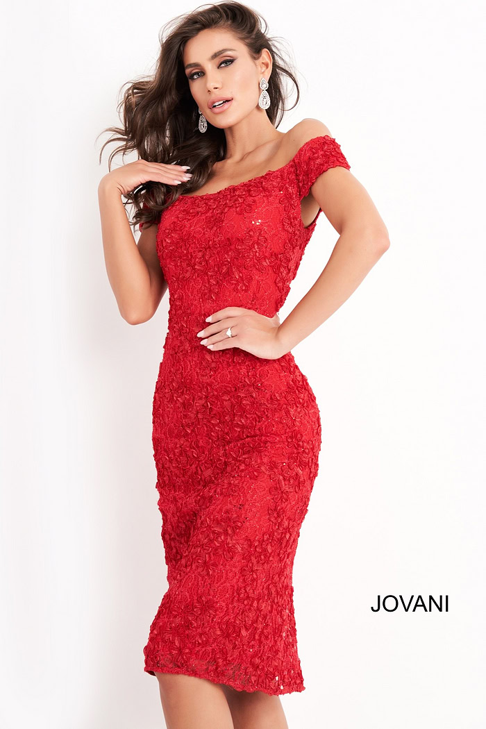 model wearing Jovani 04763 front view red dress with short sleeves