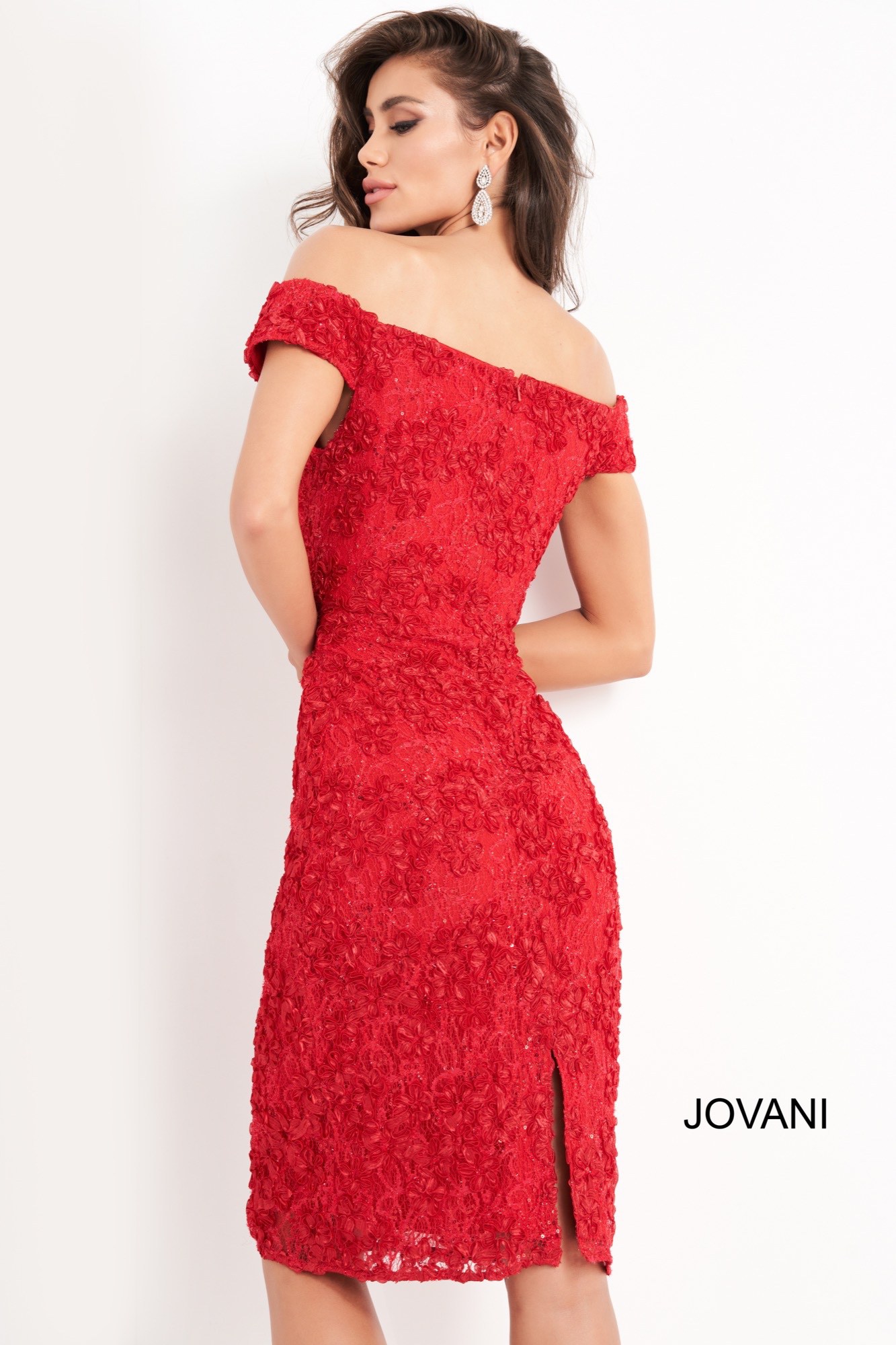 model wearing Jovani 04763 back view red dress with floral lace