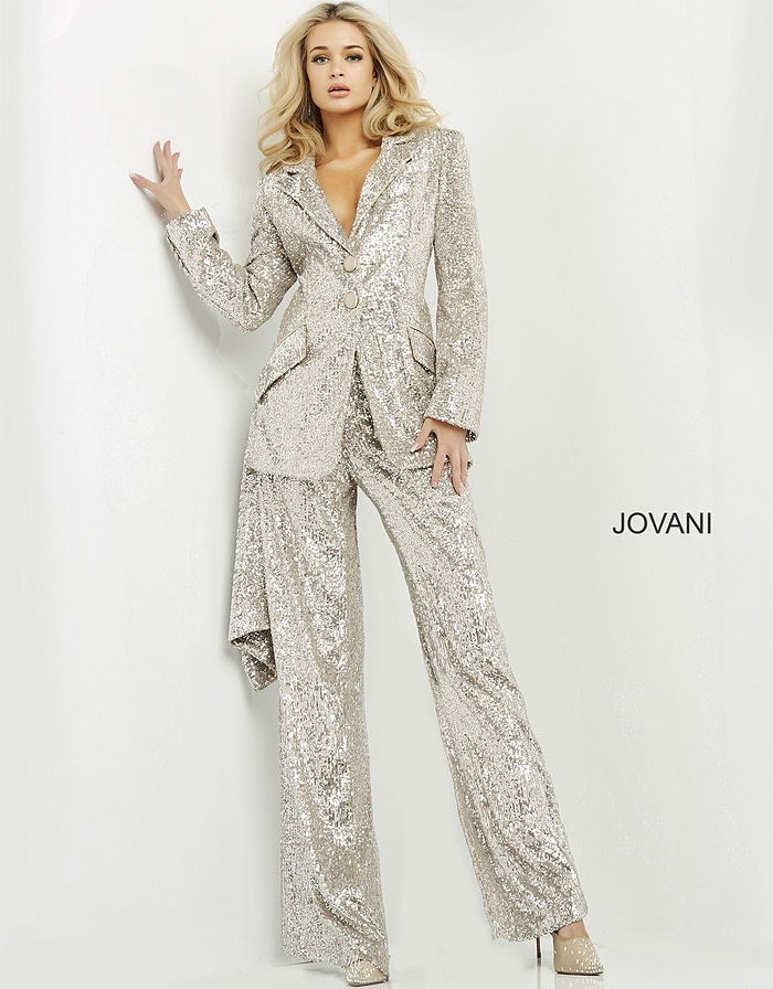 Model displaying Jovani 04904 nude pantsuit with sequins.
