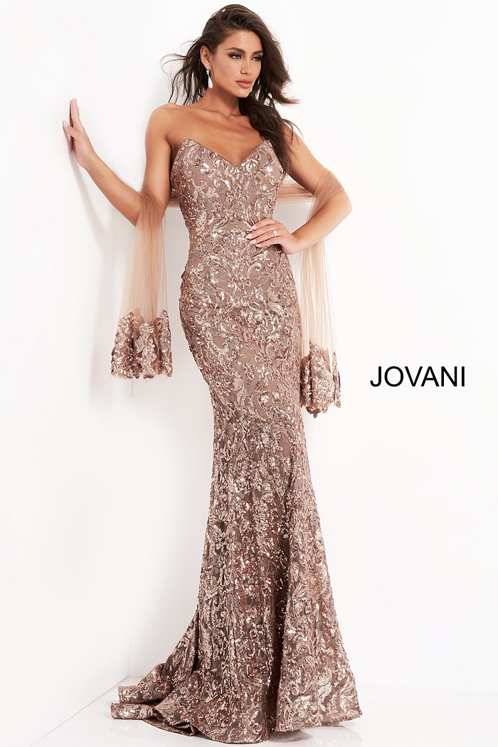 Model wearing Jovani 05054 stunning mermaid dress with shimmering sequins and sweetheart neckline.