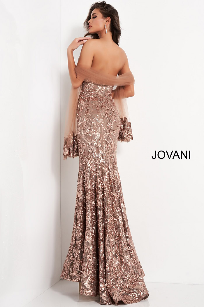 Back view of Jovani 05054 copper dress with elegant sequined design.