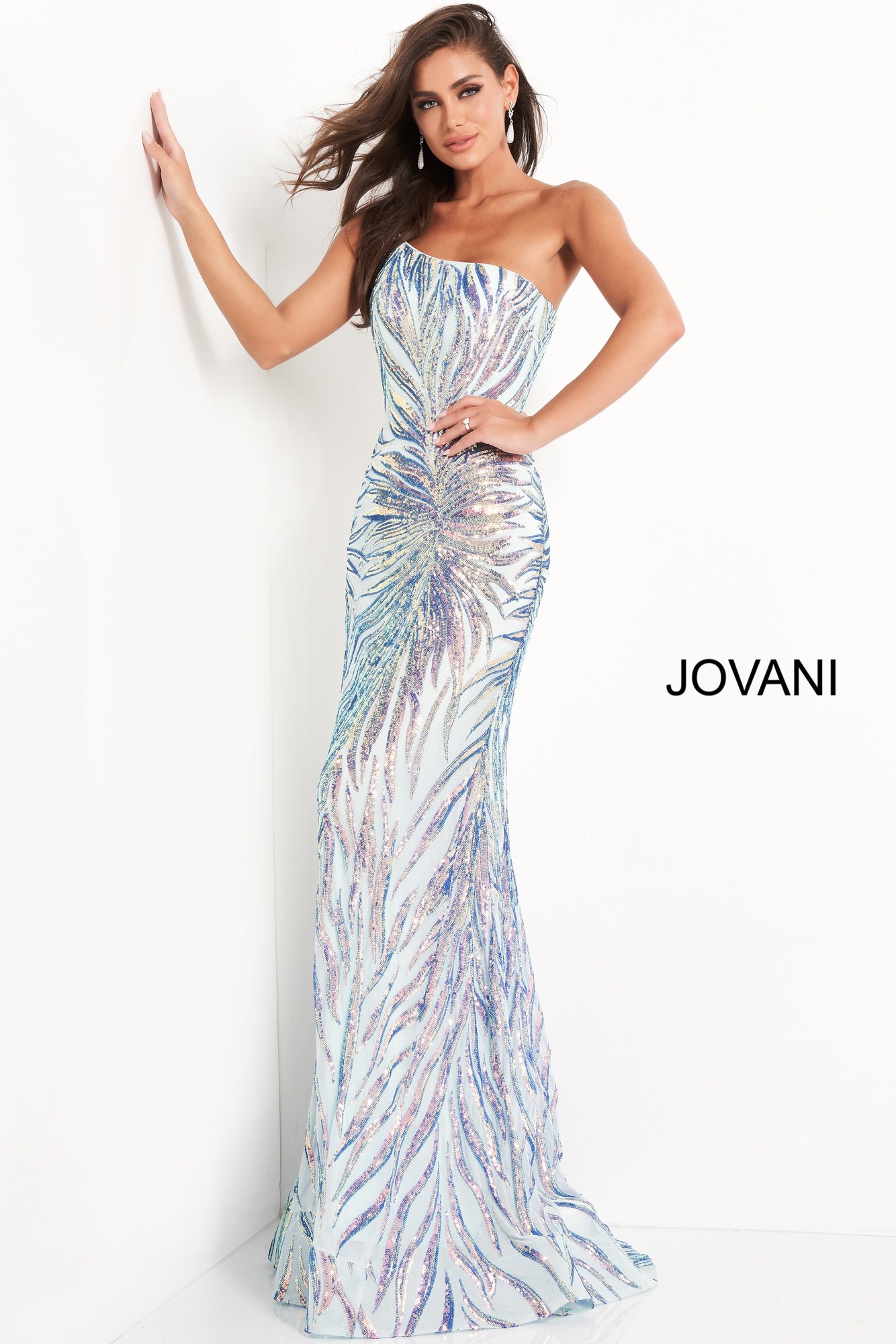 Model wearing Jovani 05664 One Shoulder Sequin Embellished Dress