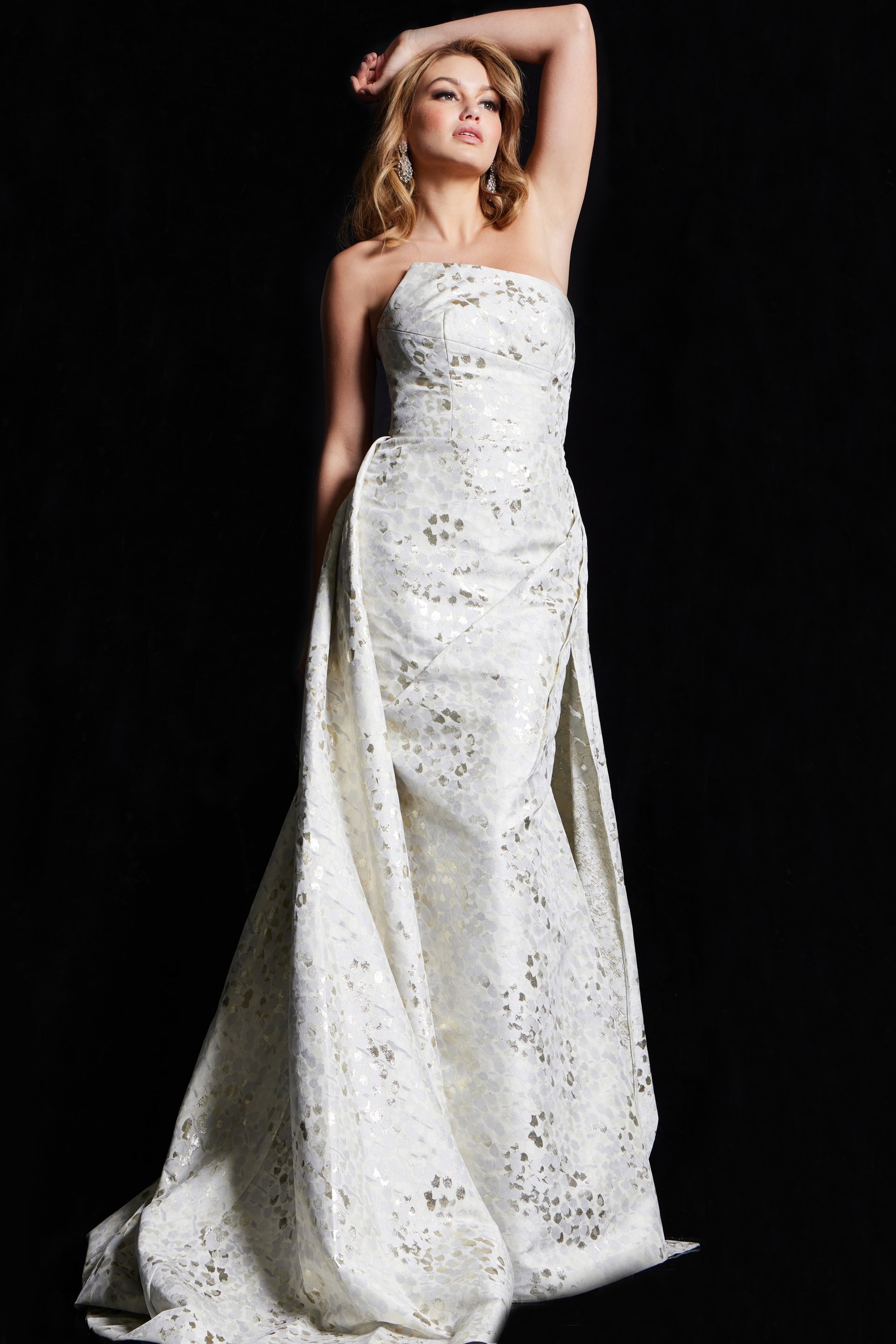 model showcasing 06255 beige gown, strapless with a-line silhouette