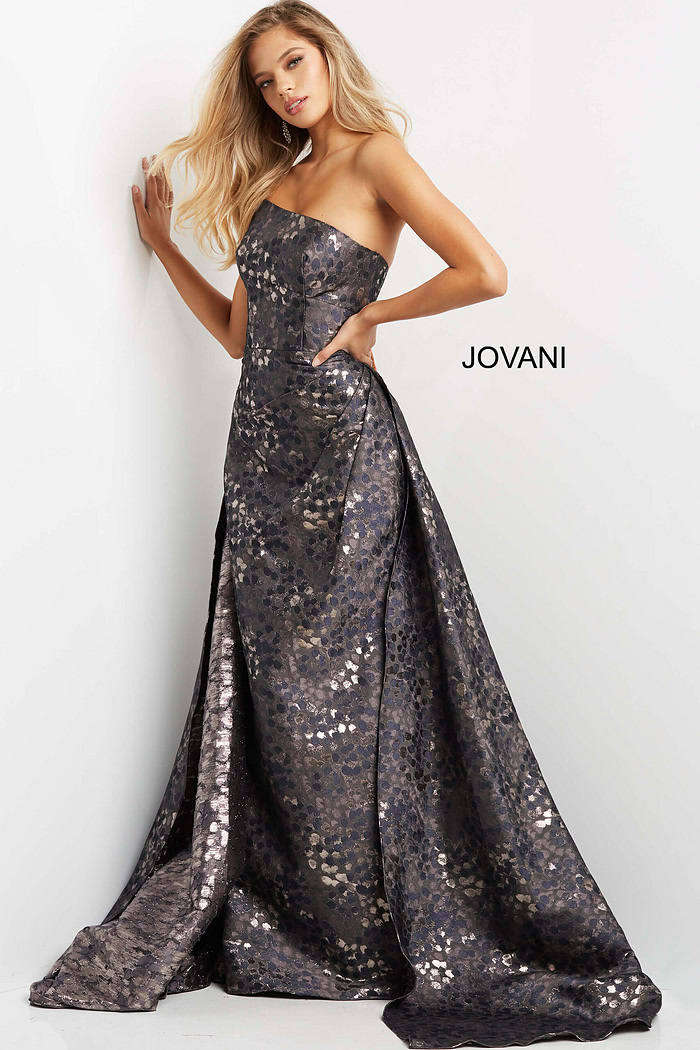 Model wearing Jovani 06255 gown demonstrating the full-length design and sophisticated style.