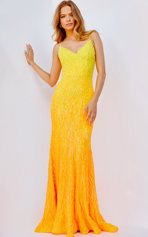 Front view of model in Jovani 06450 yellow dress.