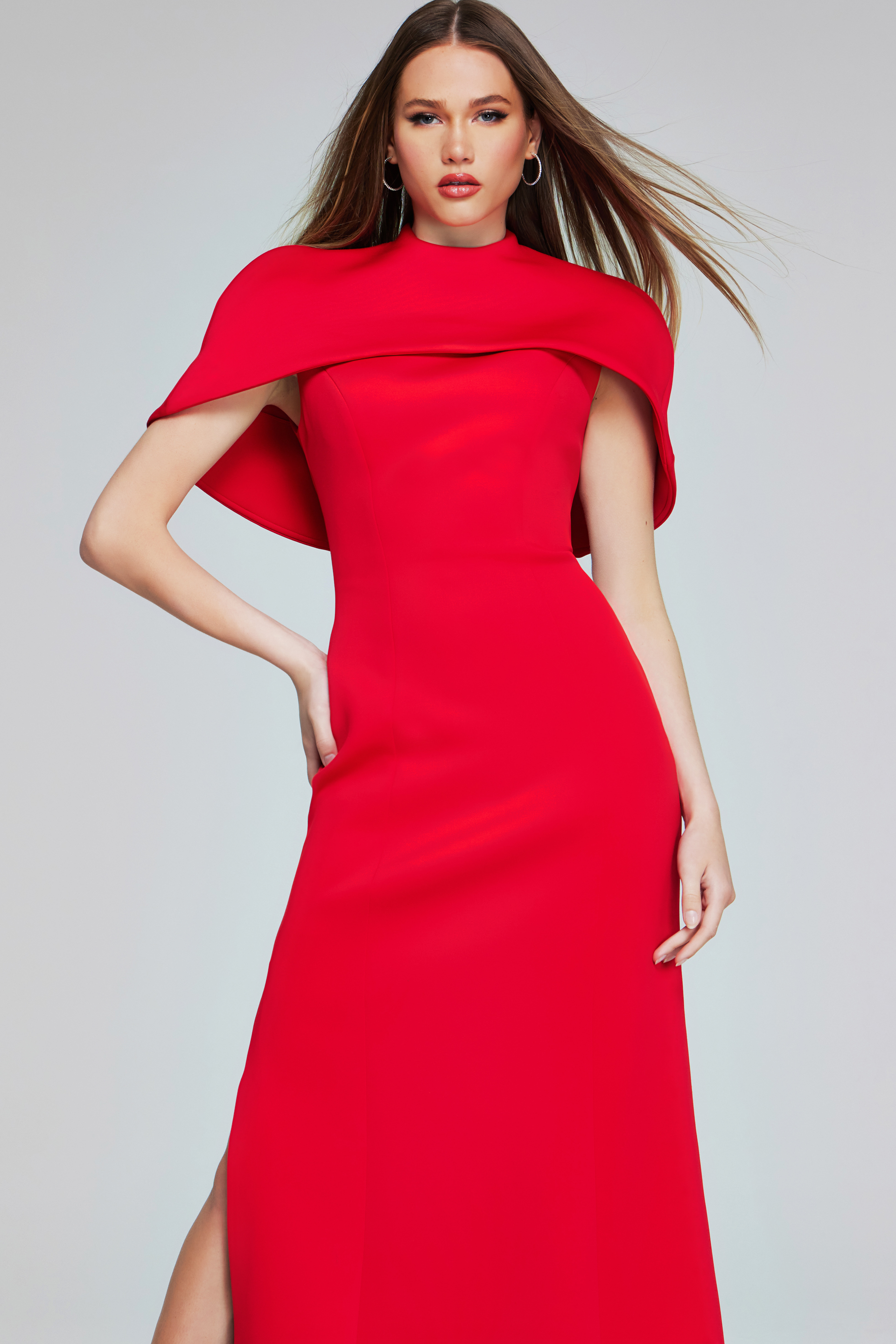 Front view of Jovani 06538 red dress highlighting the high neckline and floor-length style.
