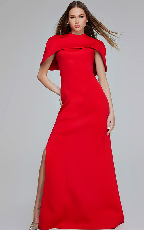 Model wearing Jovani 06538 elegant red floor-length dress with high neckline and cape sleeves.