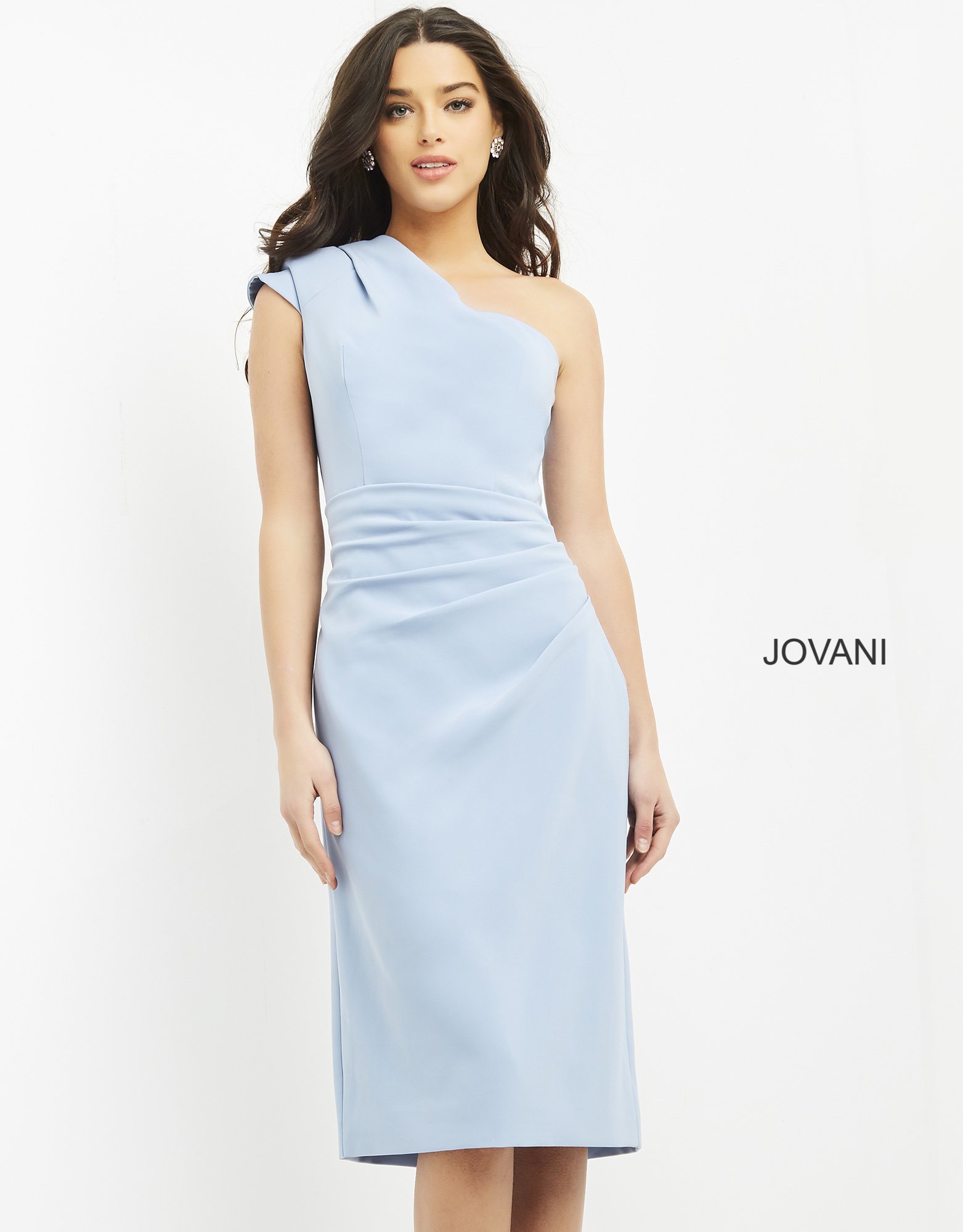 Model wearing Jovani 06835 light blue dress, full front view