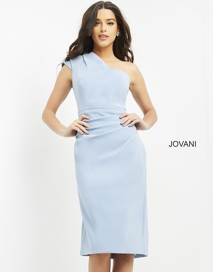 Front view of model in Jovani 06835 light blue dress