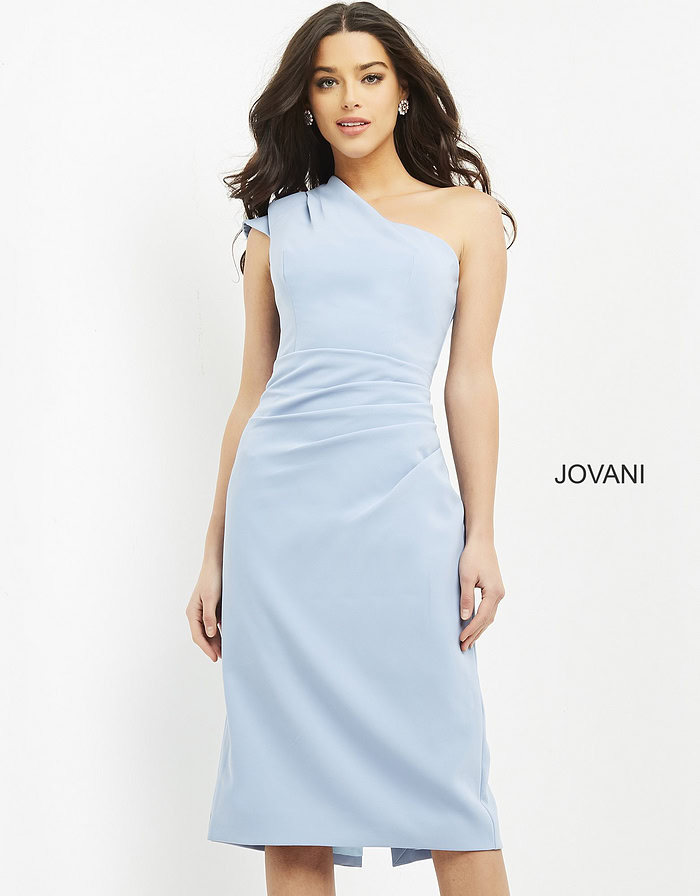 Model wearing Jovani 06835 dress in light blue, full front view