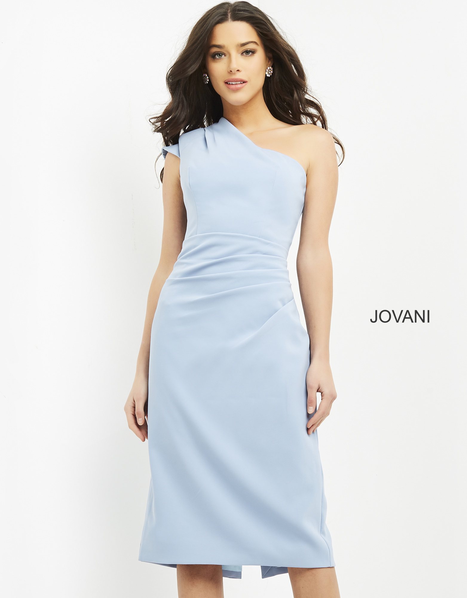 Model wearing Jovani 06835 dress in light blue, full front view