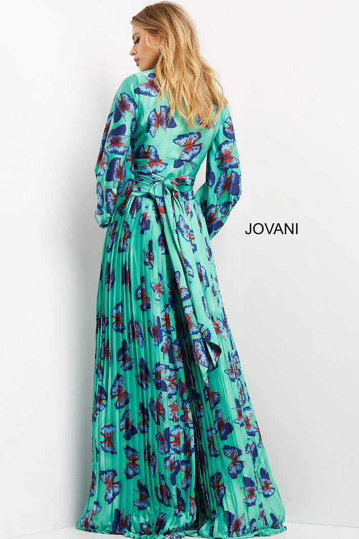 Back view of Jovani 06844 showcasing wrap tie detail and long pleated skirt.