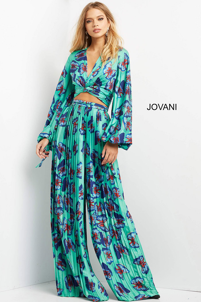 model wearing Jovani 06844, 07202 Print dress with V-neck and long sleeves front view