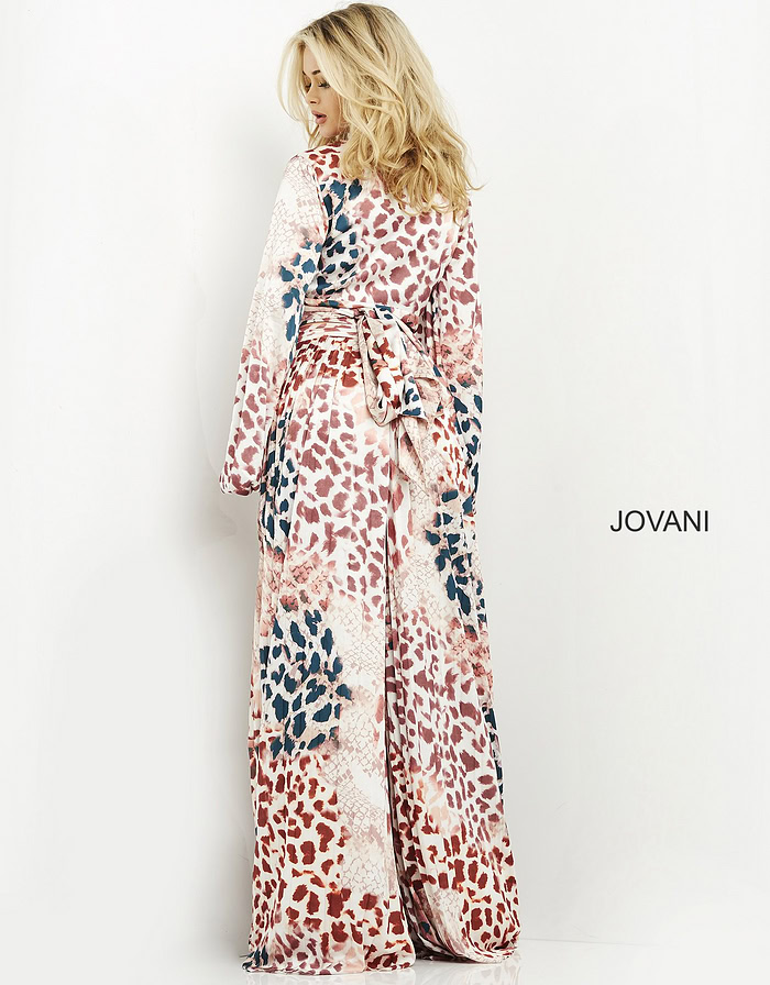 Jovani 06845 dress showing back with vibrant multicolored pattern.