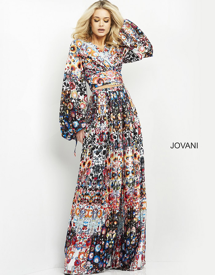 model in Jovani 06847 multi-colored dress with bishop sleeves