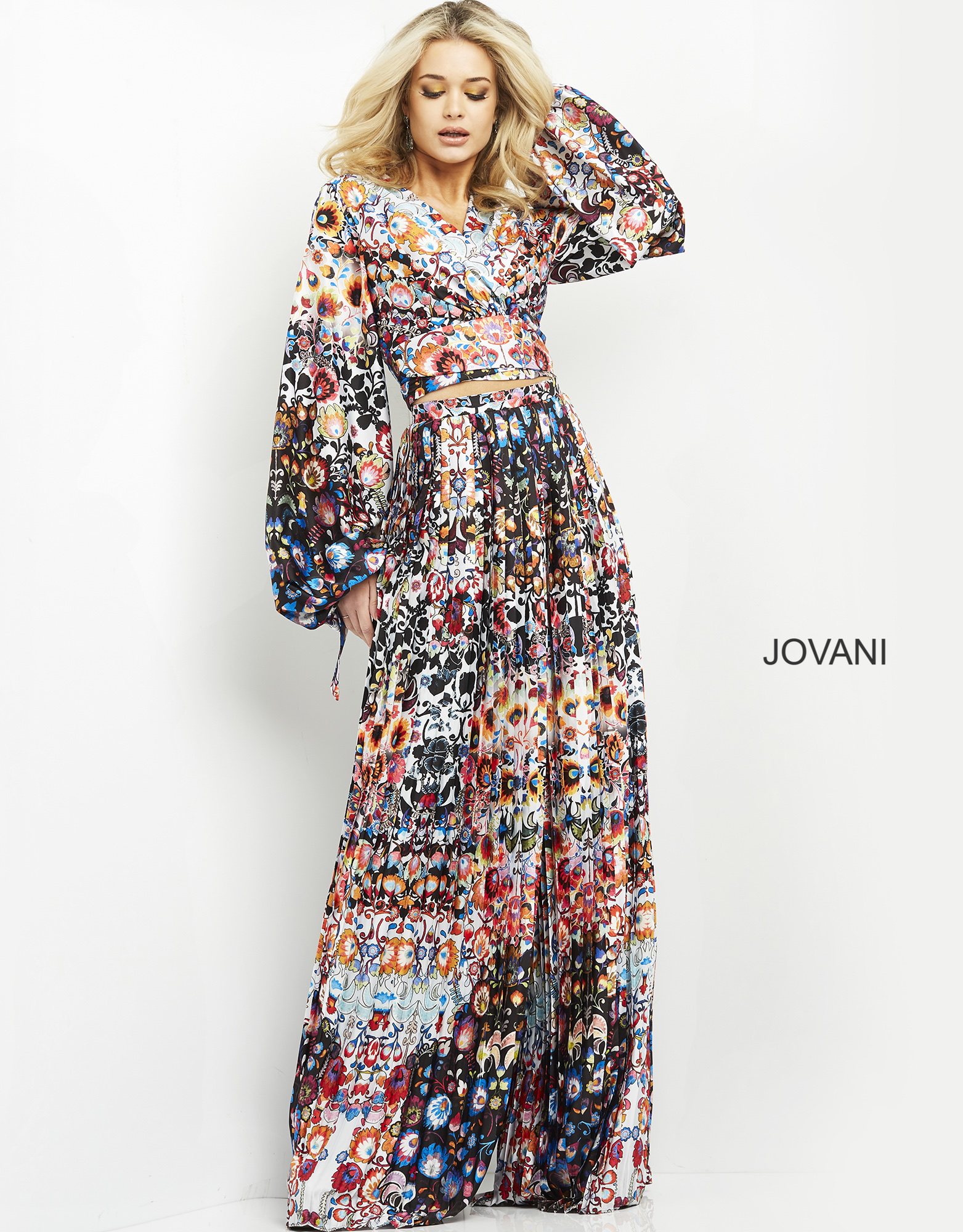 model in Jovani 06847 multi-colored dress with bishop sleeves