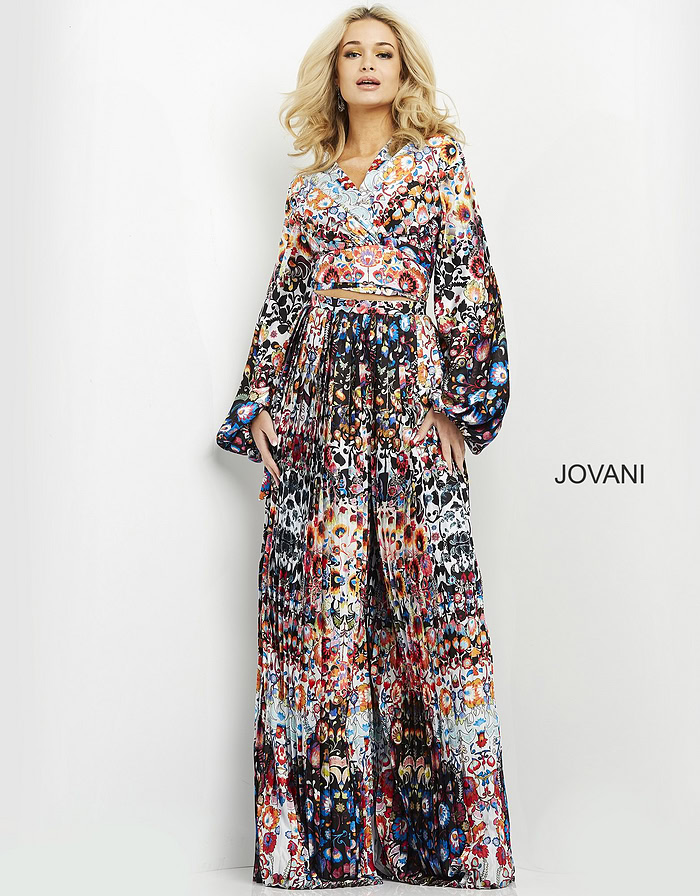 model in Jovani 06847 dress highlighting the vibrant multi-colored print