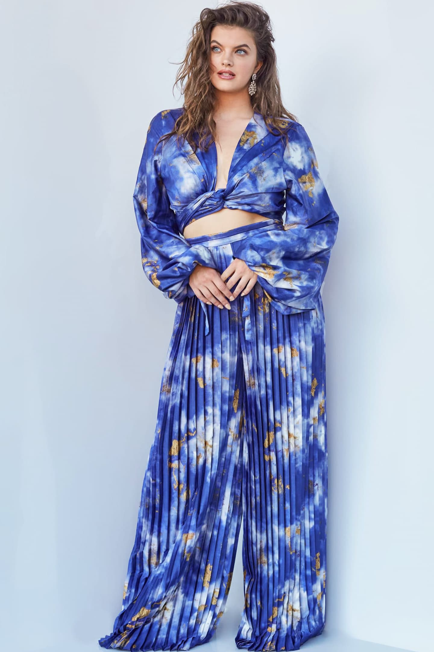 Model wearing Jovani 06849 and 06850 Print Two Piece Plus Size Contemporary Jumpsuit