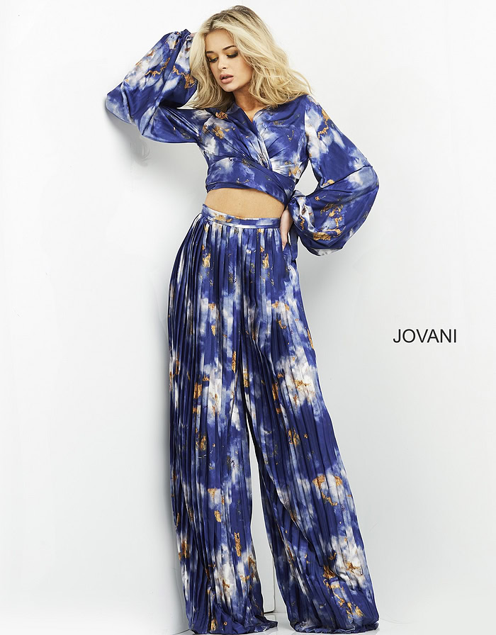 Jovani 06849 dress, model displaying V-neck and pleated skirt.