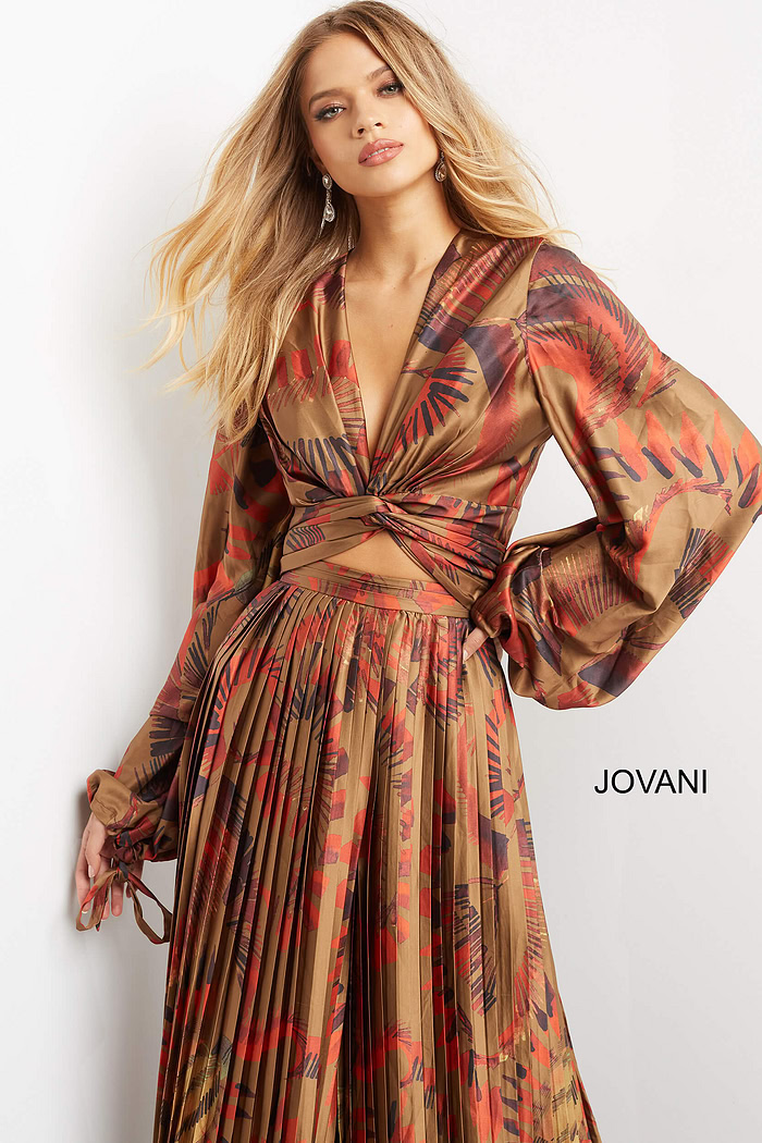 Front view of Jovani 06852 dress in a multi-color print, pleated skirt.